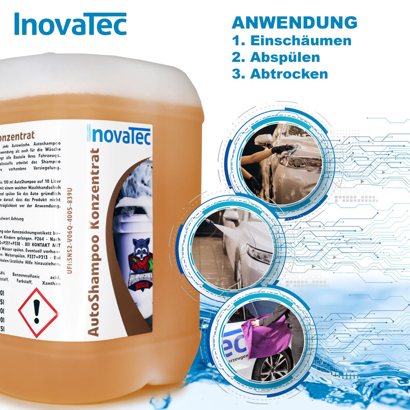 5-Liter-Kanister Autoshampoo Konzentrat mit Anwendungshinweisen: Fahrzeug waschen, abspülen und trocknen