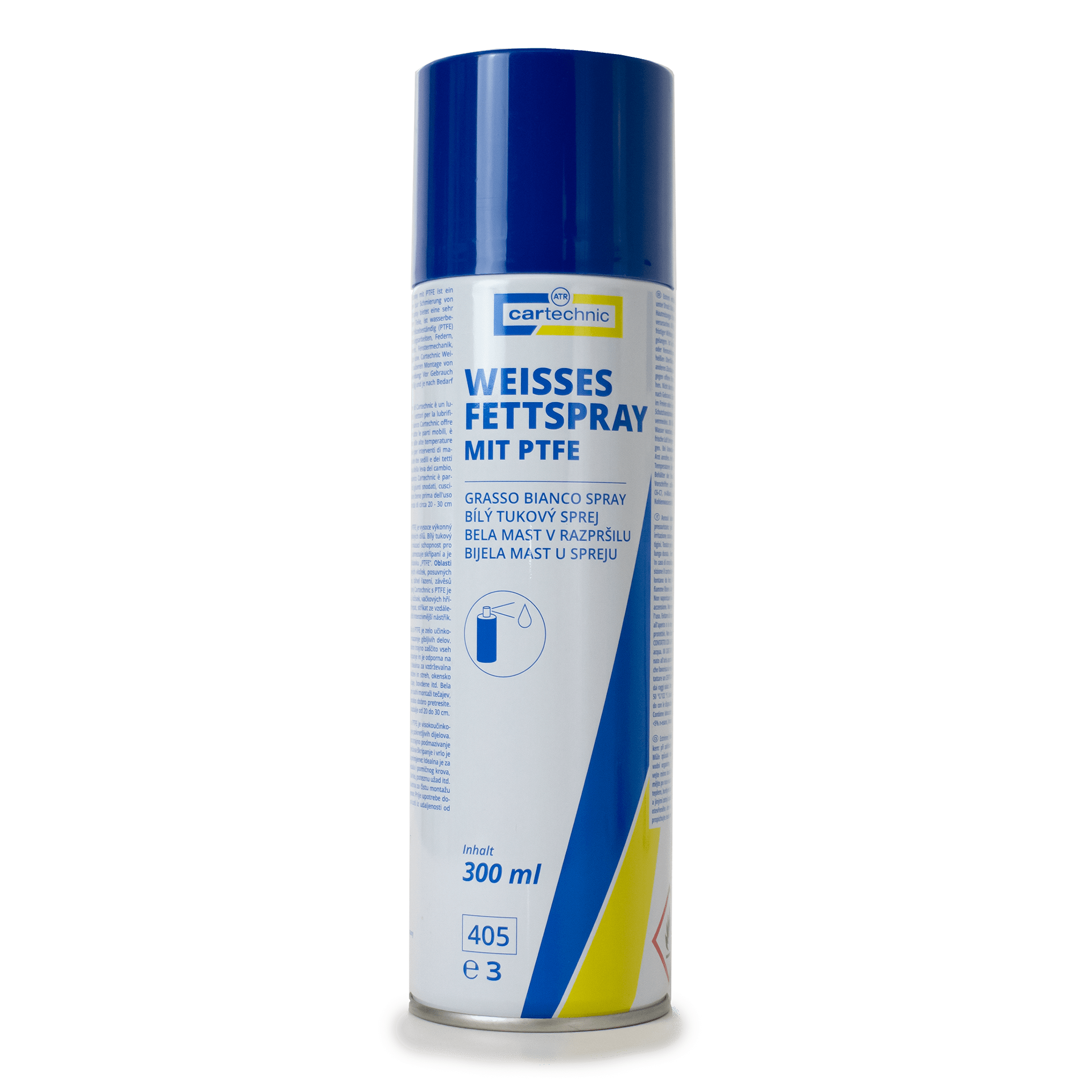 Dose von Cartechnic mit weißem Fettspray 300ml, blauer Deckel Blau Weiß Gelbes Design