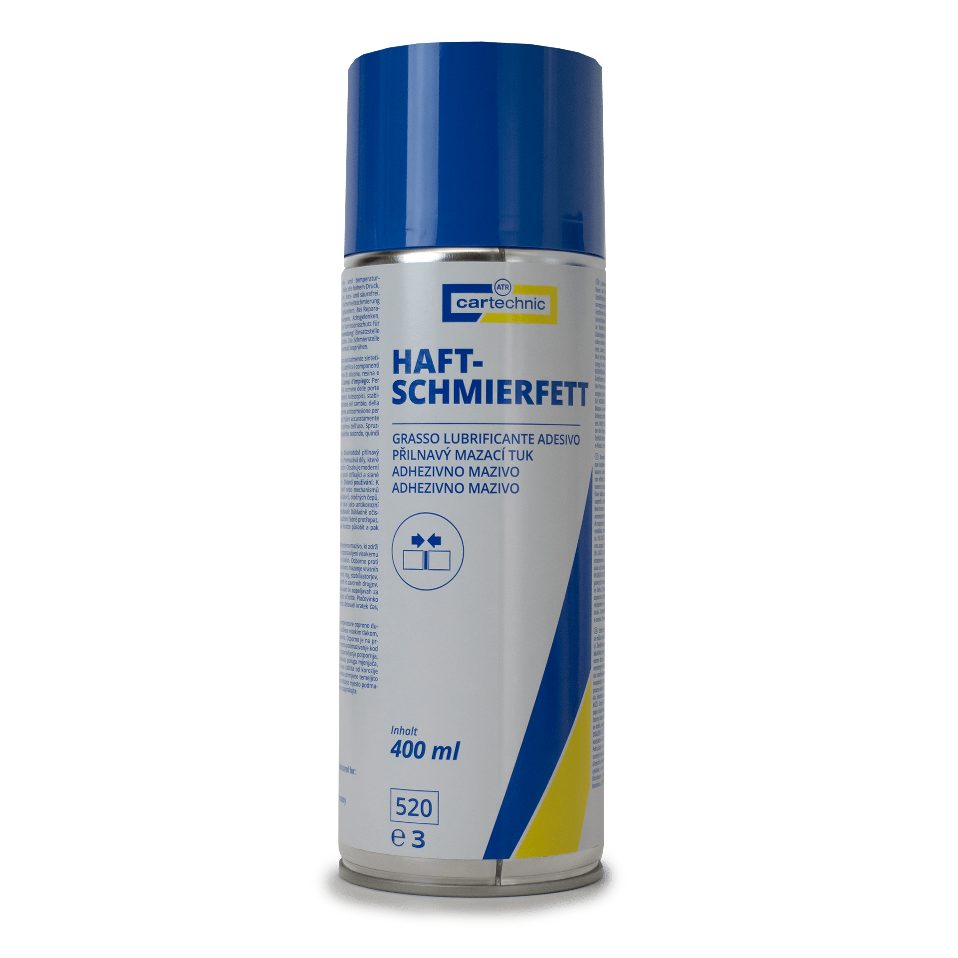 Sprügflasche mit Cartechnic Haftschmierfett, 400ml Inhalt Blauer Deckel und Gelb Blau Weißes Design
