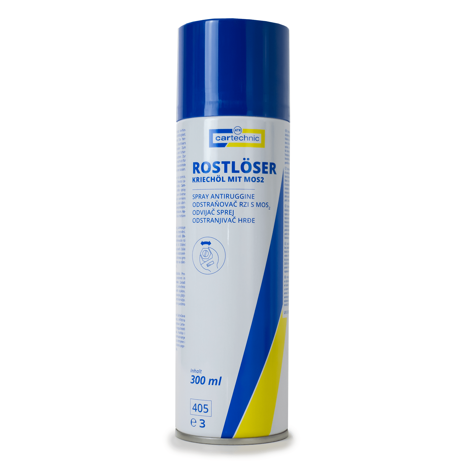 Blauer Deckel, Sprühdose mit Kriechöl mit MOS2 von Cartechnic, Blau Weiß Gelbes Design, Rostlöser